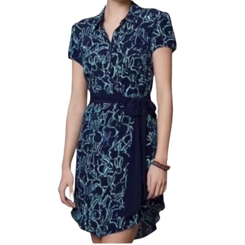 Anthropologie Maeve blue bunny belted fit and flare dress